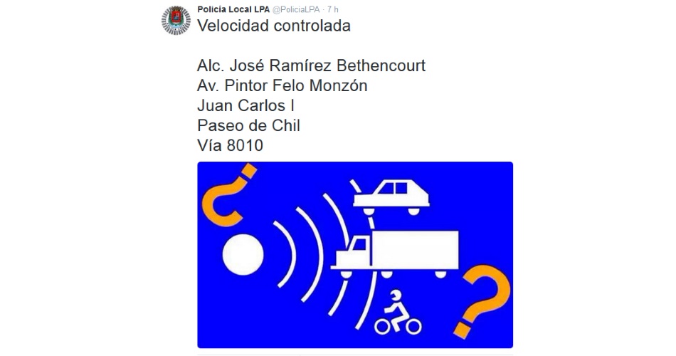 Tweet de la Policía Local de Las Palmas anunciando posibles controles de velocidad en algunas calles