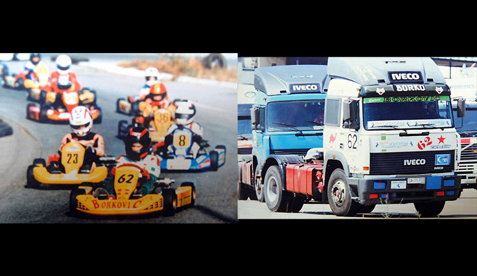 Dusan Borkovic en sus inicios en el karting y, a la derecha, su padre Jovan