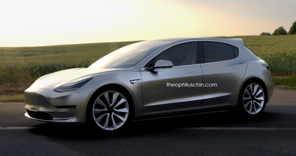 Renders de Theophilus Chin del Tesla Model 3 hatchback