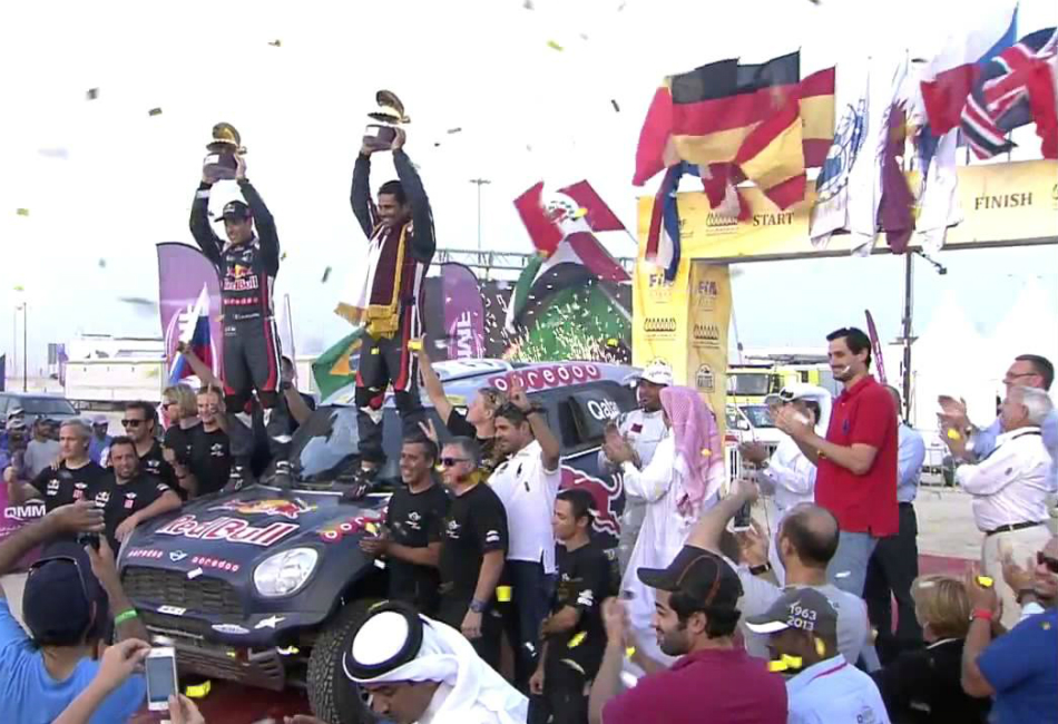 Podio de la prueba 2015: Al-Attiyah y Coma ganaron.