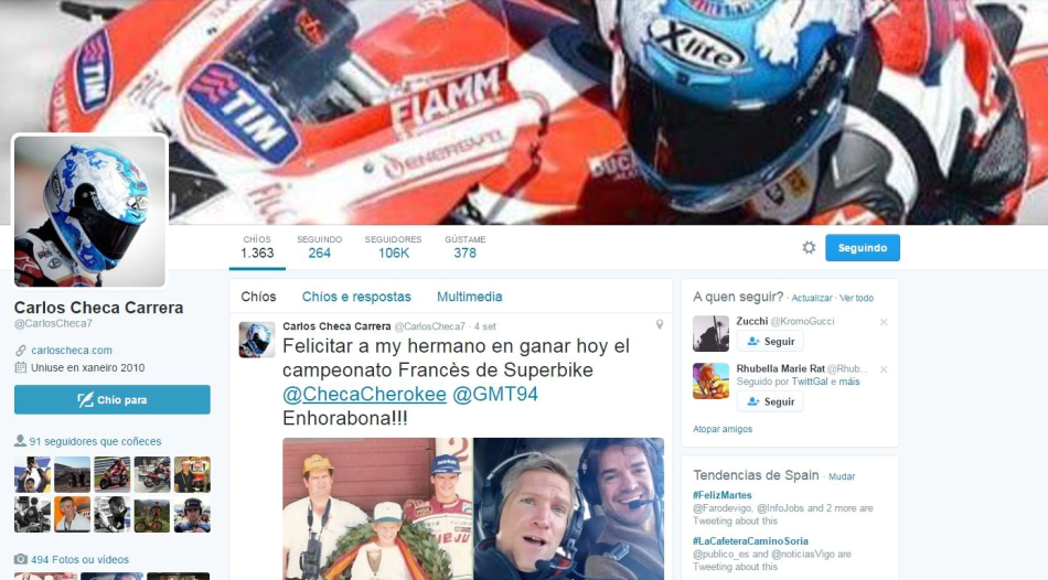 Felicitación de Carlos Checa a su hermano a través de twitter