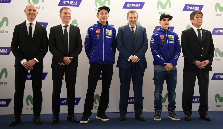 De izquierda a derecha: Massimo Meregalli, Lin Jarvis, Valentino Rossi, Luis Miguel Gilpérez, Maverick Viñales y Kouichi Tsuji
