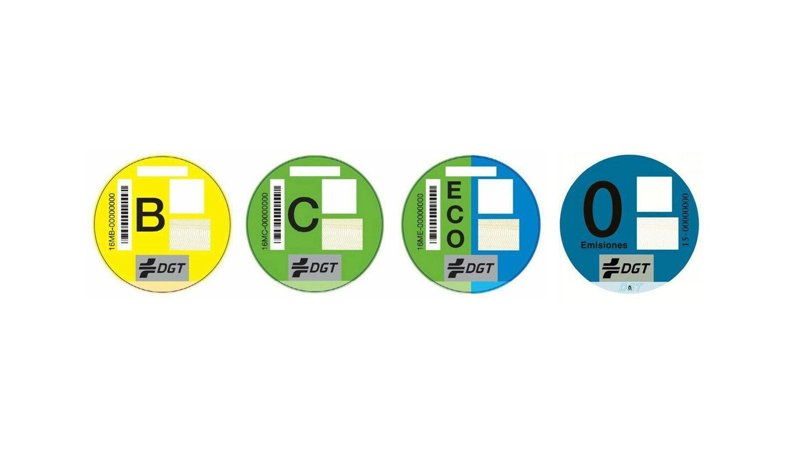 Los cuatro distintivos actuales de la DGT